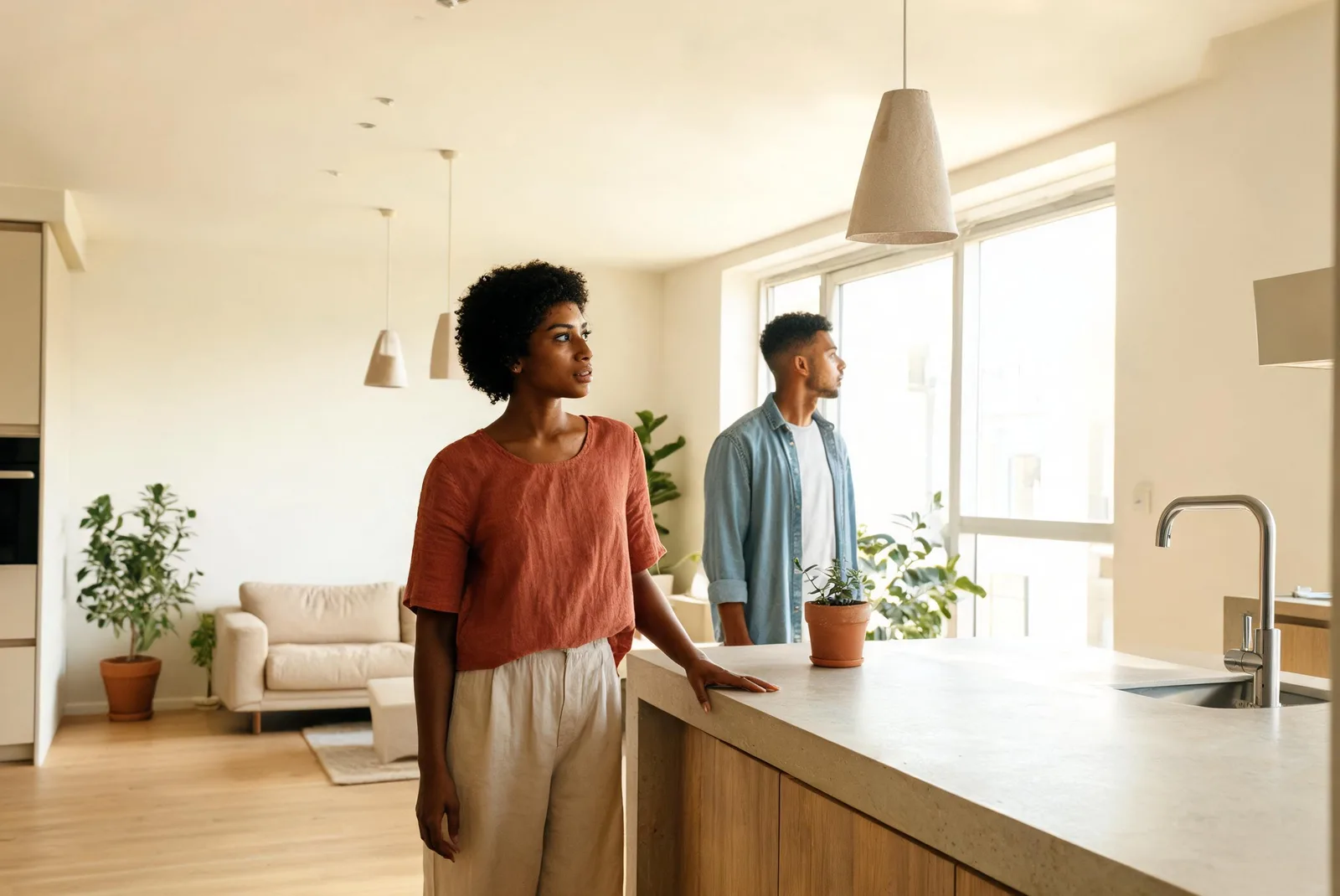 Casal jovem conhece um apartamento claro e mobiliado